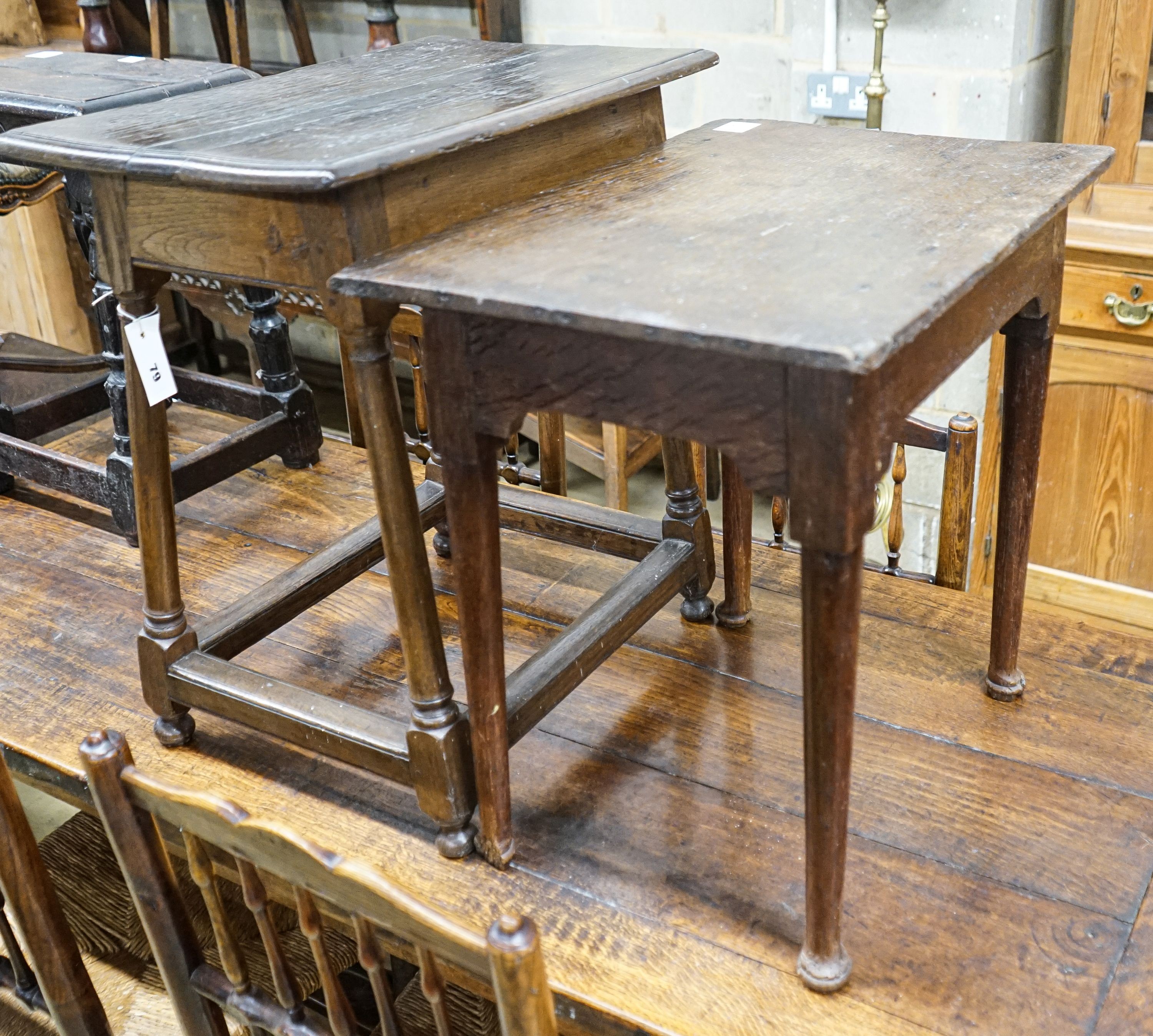An early 18th century oak side table, with turned legs and pad feet, width 58cm and a 17th century style oak side table, width 55cm, depth 36cm, height 61cm